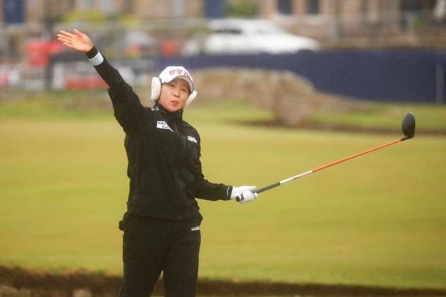 25th August 2024; Old Course at St Andrews, St Andrews, Fife, Scotland; AIG Womens Open Golf, Final Round; Jinhee Im of the Republic of Korea indicates that her drive from the second tee of the Old Course has gone right during the final round of the AIG Women& x2019;s Open  ActionPlus12686437 DavidxYoung