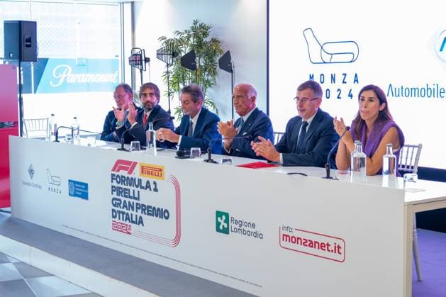 From left: Giuseppe Redaelli (President of AUtodromo Nazionale Monza), Geronimo La Russa (President ACI Milano), Attilio Fontana (President of Regione Lombardia), Angelo Sticchi Damiani (President ACI - Automobile Club d Italia), Paolo Pilotto (Mayor of Monza), Alessia Cappello (Councilor for Economic Development and Labor Policies of Milan) during Formula 1 - Pirelli Gran Premio d Italia 2024 - Conferenza Stampa, Formula 1 Championship in Monza, Italy, August 27 2024  Copyright: xLucaxRossini IPAxSportx xipa-agex xx IPA_49108329 IPA_Agency_IPA49108329