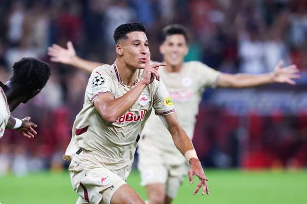 SOCCER - UEFA CL, RBS vs Kyiv SALZBURG,AUSTRIA,27.AUG.24 - SOCCER - UEFA Champions League, qualification, Red Bull Salzburg vs FC Dynamo Kyiv. Image shows the rejoicing of Adam Daghim (RBS).  GEPAxpictures xMathiasxMandl