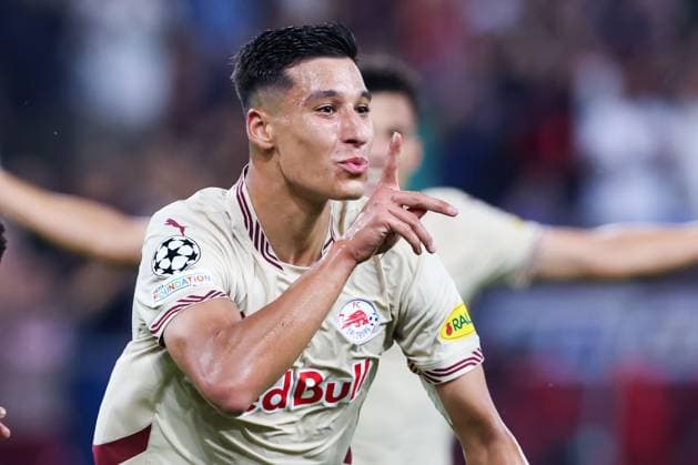 SOCCER - UEFA CL, RBS vs Kyiv SALZBURG,AUSTRIA,27.AUG.24 - SOCCER - UEFA Champions League, qualification, Red Bull Salzburg vs FC Dynamo Kyiv. Image shows the rejoicing of Adam Daghim (RBS).  GEPAxpictures xMathiasxMandl