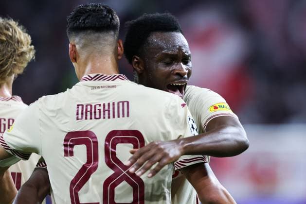 SOCCER - UEFA CL, RBS vs Kyiv SALZBURG,AUSTRIA,27.AUG.24 - SOCCER - UEFA Champions League, qualification, Red Bull Salzburg vs FC Dynamo Kyiv. Image shows the rejoicing of Adam Daghim and Samson Baidoo (RBS).  GEPAxpictures xMathiasxMandl