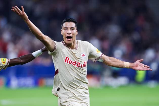 SOCCER - UEFA CL, RBS vs Kyiv SALZBURG,AUSTRIA,27.AUG.24 - SOCCER - UEFA Champions League, qualification, Red Bull Salzburg vs FC Dynamo Kyiv. Image shows the rejoicing of Adam Daghim (RBS).  GEPAxpictures xMathiasxMandl