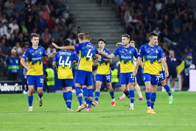 SOCCER - UEFA CL, RBS vs Kyiv SALZBURG,AUSTRIA,27.AUG.24 - SOCCER - UEFA Champions League, qualification, Red Bull Salzburg vs FC Dynamo Kyiv. Image shows the rejoicing of Kyiv.  GEPAxpictures xMathiasxMandl