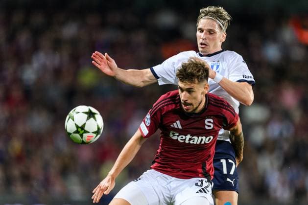 240827 Matej Rynes of Sparta Prague and Jens Stryger Larsen of Malmö FF during the UEFA Champions League football match between Sparta Prague and Malmö FF on August 27, 2024 in Prague Photo Mathilda Ahlberg BILDBYRAN kod MA MA0710 fotboll football soccer fotball champions league sparta prag malmö ff bbeng  Copyright: MATHILDAxAHLBERG BB240827MA085