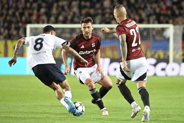 From left Sergio Pena of Malmo, Kaan Kairinen of Sparta, Lukas Haraslin of Sparta in action during the Football Champions League 4th qualifying round Return match: Sparta Prague vs Malmo FF in Prague, Czech Republic, August 27, 2024. (CTKxPhoto KaterinaxSulova) CTKPhotoP2024082707227  CTKPhotoP2024082707227