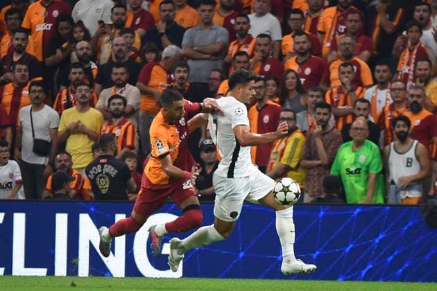 Hakim Ziyech (L) of Galatasaray and Filip Ugrinic (R)of Young Boys during the UEFA Champions League Play-Offs Second Leg match between Galatasaray and Young Boys at Rams Park Stadium in Istanbul , Turkey on August 27 , 2024. ( Photo by Seskimphoto ) Galatasaray v Young Boys - UEFA Champions League Play-Offs Second Leg 