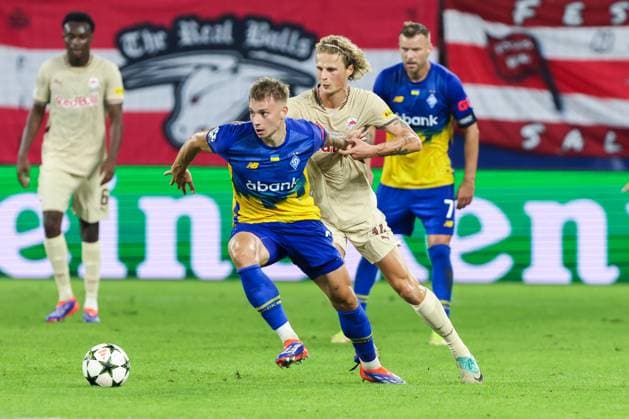 SOCCER - UEFA CL, RBS vs Kyiv SALZBURG,AUSTRIA,27.AUG.24 - SOCCER - UEFA Champions League, qualification, Red Bull Salzburg vs FC Dynamo Kyiv. Image shows Volodymyr Brazhko (Kyiv) and Maurits Kjaergaard (RBS).  GEPAxpictures xMathiasxMandl