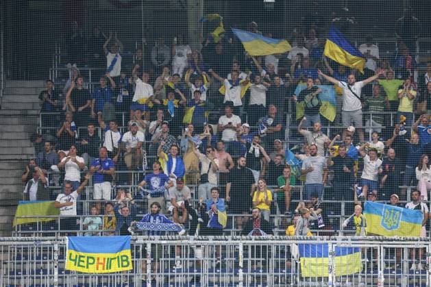 SOCCER - UEFA CL, RBS vs Kyiv SALZBURG,AUSTRIA,27.AUG.24 - SOCCER - UEFA Champions League, qualification, Red Bull Salzburg vs FC Dynamo Kyiv. Image shows supporters of Kyiv.  GEPAxpictures xDavidxGeieregger
