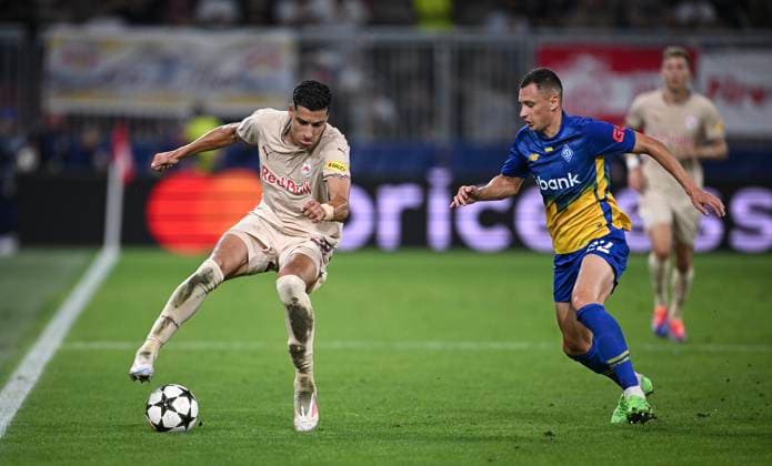 FOOTBALL Champions League qualification season 2024 2025 return match FC Salzburg Dynamo Kiev 27 08 2024 Adam Daghim left, FC Salzburg vs Vladyslav Kabaiev right, Dynamo Kiev