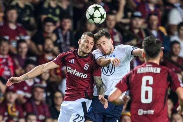 240827 Lukas Haraslin of Sparta Prague and Colin Rösler of Malmö FF during the UEFA Champions League football match between Sparta Prague and Malmö FF on August 27, 2024 in Prague Photo Mathilda Ahlberg BILDBYRAN kod MA MA0710 fotboll football soccer fotball champions league sparta prag malmö ff bbeng bb bbauto  Copyright: MATHILDAxAHLBERG BB240827MA110