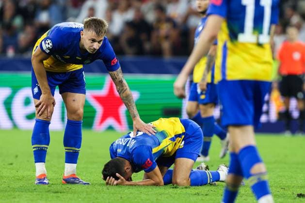 SOCCER - UEFA CL, RBS vs Kyiv SALZBURG,AUSTRIA,27.AUG.24 - SOCCER - UEFA Champions League, qualification, Red Bull Salzburg vs FC Dynamo Kyiv. Image shows Volodymyr Brazhko and Nazar Voloshyn (Kyiv).  GEPAxpictures xMathiasxMandl