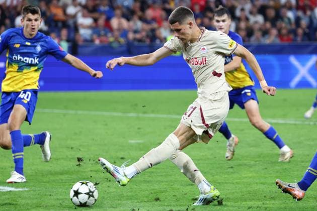 SOCCER - UEFA CL, RBS vs Kyiv SALZBURG,AUSTRIA,27.AUG.24 - SOCCER - UEFA Champions League, qualification, Red Bull Salzburg vs FC Dynamo Kyiv. Image shows Petar Ratkov (RBS).  GEPAxpictures xDavidxGeieregger