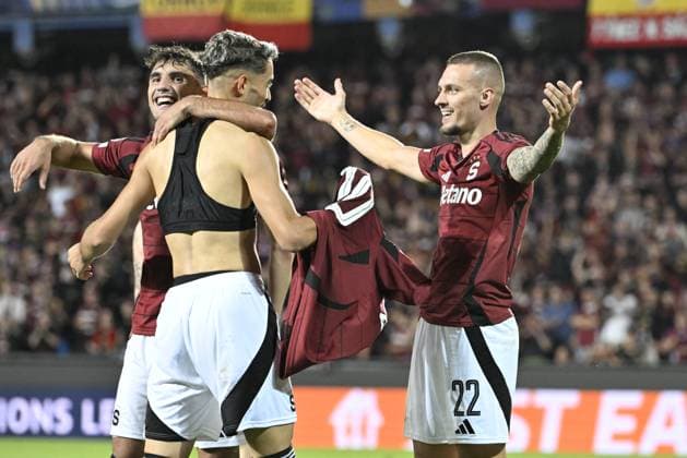 From right Lukas Haraslin and Albion Rrahmani, both of Sparta celebrate second goal during the Football Champions League 4th qualifying round Return match: Sparta Prague vs Malmo FF in Prague, Czech Republic, August 27, 2024. (CTKxPhoto KaterinaxSulova) CTKPhotoP2024082707704  CTKPhotoP2024082707704