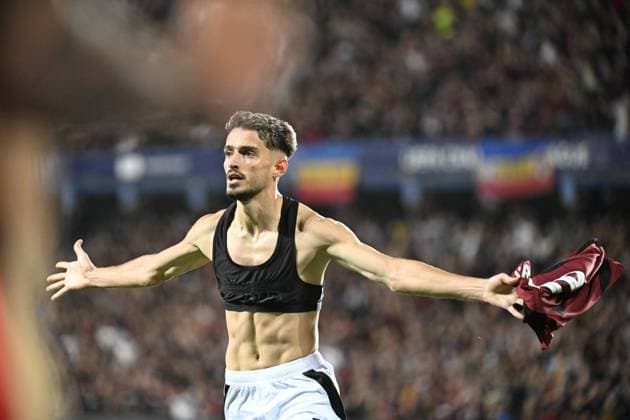 Albion Rrahmani of Sparta celebrates second goal during the Football Champions League 4th qualifying round Return match: Sparta Prague vs Malmo FF in Prague, Czech Republic, August 27, 2024. (CTKxPhoto KaterinaxSulova) CTKPhotoP2024082707719  CTKPhotoP2024082707719