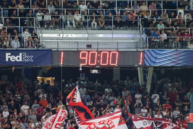 SOCCER - UEFA CL, RBS vs Kyiv SALZBURG,AUSTRIA,27.AUG.24 - SOCCER - UEFA Champions League, qualification, Red Bull Salzburg vs FC Dynamo Kyiv. Image shows the scoreboard.  GEPAxpictures xMathiasxMandl