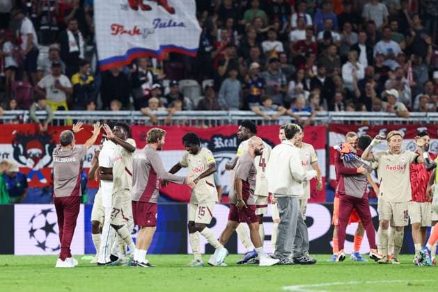 SOCCER - UEFA CL, RBS vs Kyiv SALZBURG,AUSTRIA,27.AUG.24 - SOCCER - UEFA Champions League, qualification, Red Bull Salzburg vs FC Dynamo Kyiv. Image shows the rejoicing of RBS.  GEPAxpictures xMathiasxMandl