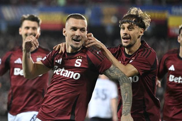 Lukas Haraslin of Sparta celebrates first goal during the Football Champions League 4th qualifying round Return match: Sparta Prague vs Malmo FF in Prague, Czech Republic, August 27, 2024. (CTKxPhoto KaterinaxSulova) CTKPhotoP2024082707758  CTKPhotoP2024082707758