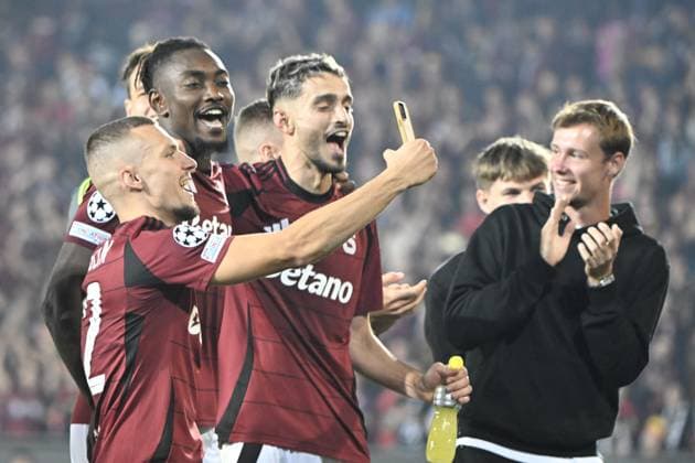 Soccer players of Sparta Prague celebrate victory after the Football Champions League 4th qualifying round Return match: Sparta Prague vs Malmo FF in Prague, Czech Republic, August 27, 2024. (CTKxPhoto KaterinaxSulova) CTKPhotoP2024082707855  CTKPhotoP2024082707855