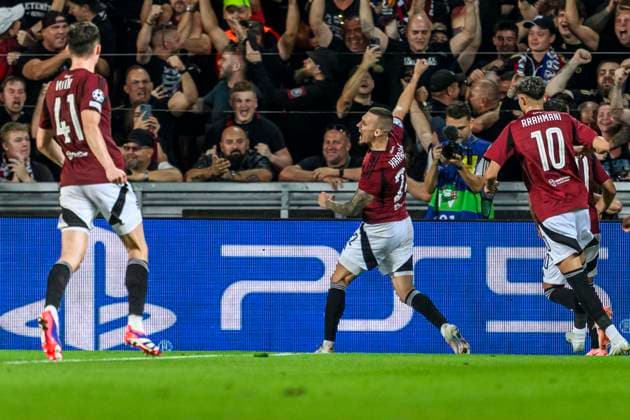 240827 Lukas Haraslin of Sparta Prague celebrates 1 0 during the UEFA Champions League football match between Sparta Prague and Malmö FF on August 27, 2024 in Prague Photo Mathilda Ahlberg BILDBYRAN kod MA MA0710 fotboll football soccer fotball champions league sparta prag malmö ff bbeng sparta prague jubel  Copyright: MATHILDAxAHLBERG BB240827MA180