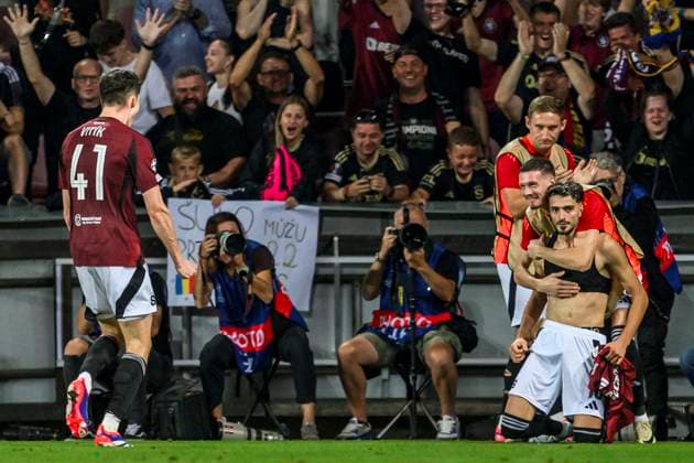 240827 Albion Rrahmani of Sparta Prague celebrates scorn 2 0 during the UEFA Champions League football match between Sparta Prague and Malmö FF on August 27, 2024 in Prague Photo Mathilda Ahlberg BILDBYRAN kod MA MA0710 fotboll football soccer fotball champions league sparta prag malmö ff bbeng sparta prague jubel  Copyright: MATHILDAxAHLBERG BB240827MA181