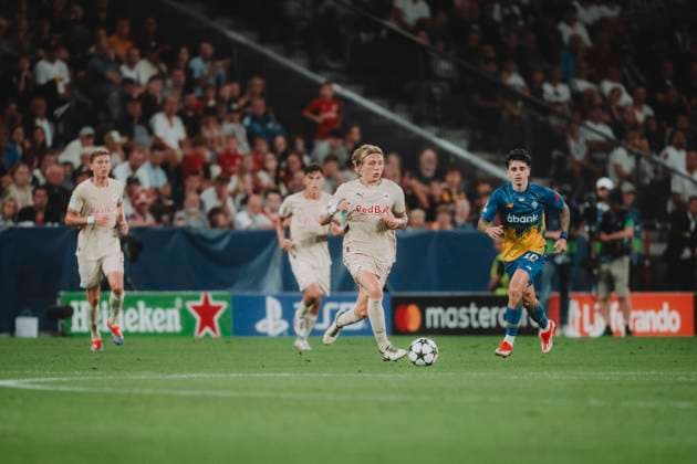 UEFA Champions League Play Off : FC Salzburg-Dynamo Kiew SALZBURG, AUSTRIA - AUGUST 27: Mads Bidstrup of FC Salzburg performs during the UEFA Champions League play off second leg match FC Salzburg vs Dynamo Kiew on August 27, 2024 in Salzburg, Austria. Copyright: xAndreasxSchaadx-xFCxRedxBullxSalx _AS13088