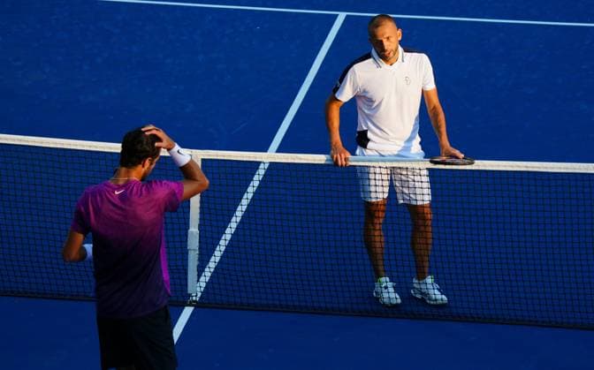 Dan Evans celebrates his record-breaking first round win over Karen Khachanov, the longest ever US Open match US Open Championships 2024, Day Two, Flushing Meadows, New York, USA - 27 Aug 2024  Copyright: xJavierxGarcia Shutterstockx 14664795bp
