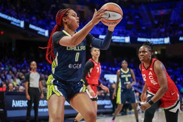 August 27, 2024, Arlington, Texas, USA: Dallas Wings forward SATOU SABALLY (0) sets up for a shot during a WNBA, Basketball Damen, USA game between the Las Vegas Aces and Dallas Wings at College Park Center. Wings win 93-90. Arlington USA - ZUMAf180 20240827_zsp_f180_001 Copyright: xMarkxFannx
