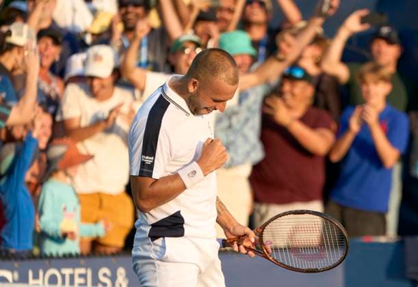 US Open Tennis 2024 Dan Evans celebrates match point against Karen Khachanov after the longest match in US Open history in the first round on court 6 at the 2024 US Open Tennis Championships at the National Tennis centre, New York, New York, 27 Aug 2024., Credit:Peter van den Berg Avalon USA, New York, New York, National Tennis Centre  Copyright: xPeterxvanxdenxBergx xAvalonx 0901956175