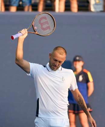 US Open Tennis 2024 Dan Evans celebrates match point against Karen Khachanov after the longest match in US Open history in the first round on court 6 at the 2024 US Open Tennis Championships at the National Tennis centre, New York, New York, 27 Aug 2024., Credit:Peter van den Berg Avalon USA, New York, New York, National Tennis Centre  Copyright: xPeterxvanxdenxBergx xAvalonx 0901956199