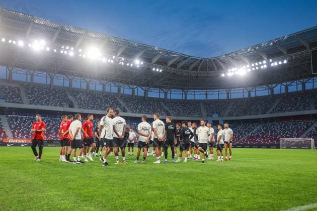 SOCCER - UEFA EL, Bukarest vs LASK BUCHAREST,ROMANIA,28.AUG.24 - SOCCER - UEFA Europa League, qualification, FCSB Bukarest vs Linzer ASK, preview, press conference, PK, Pressekonferenz LASK. Image shows the team of LASK.  GEPAxpictures xManuelxBinder
