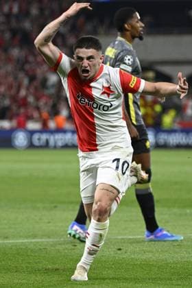 Christos Zafeiris (Slavia) celebrates opening goal during the UEFA Champions League, 4th qualifying round, return match SK Slavia Praha (Czechia) vs Lille OSC (France), in Prague, Czech Republic, on August 28, 2024. (CTKxPhoto MichalxKamaryt) CTKPhotoP2024082807831  CTKPhotoP2024082807831