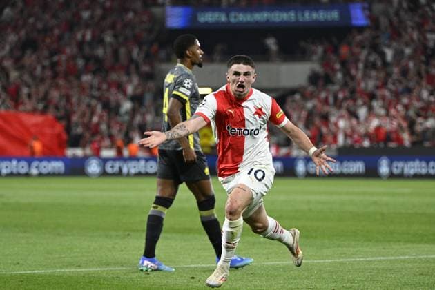 Christos Zafeiris (Slavia) celebrates opening goal during the UEFA Champions League, 4th qualifying round, return match SK Slavia Praha (Czechia) vs Lille OSC (France), in Prague, Czech Republic, on August 28, 2024. (CTKxPhoto MichalxKamaryt) CTKPhotoP2024082807866  CTKPhotoP2024082807866