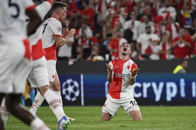 Christos Zafeiris (Slavia) celebrates opening goal during the UEFA Champions League, 4th qualifying round, return match SK Slavia Praha (Czechia) vs Lille OSC (France), in Prague, Czech Republic, on August 28, 2024. (CTKxPhoto MichalxKamaryt) CTKPhotoP2024082808034  CTKPhotoP2024082808034