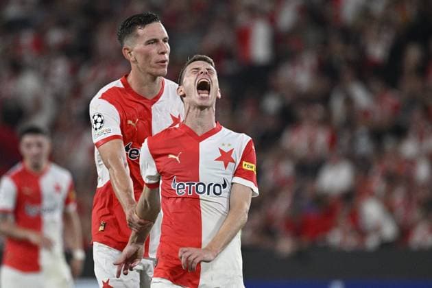 L-R Lukas Provod and Lukas Vorlicky (both Slavia) react during the UEFA Champions League, 4th qualifying round, return match SK Slavia Praha (Czechia) vs Lille OSC (France), in Prague, Czech Republic, on August 28, 2024. (CTKxPhoto MichalxKamaryt) CTKPhotoP2024082808108  CTKPhotoP2024082808108