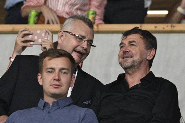 Slavia s chairman Jaroslav Tvrdik (with glasses) and Slavia s owner Pavel Tykac (right) talk during the UEFA Champions League, 4th qualifying round, return match SK Slavia Praha (Czechia) vs Lille OSC (France), in Prague, Czech Republic, on August 28, 2024. (CTKxPhoto MichalxKamaryt) CTKPhotoP2024082808206  CTKPhotoP2024082808206