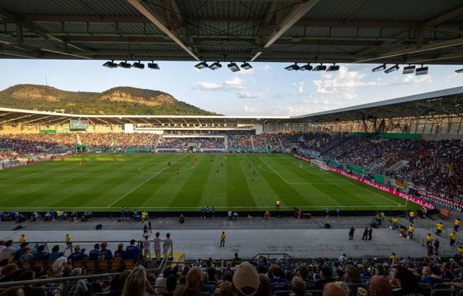 Soccer, Men, Season 2024 2025, DFB Cup 1 Round , FC Carl Zeiss Jena Bayer Leverkusen, Overview, at the back the Kernbege, 28 08 2024, Copyright: xMatthiasxKochx