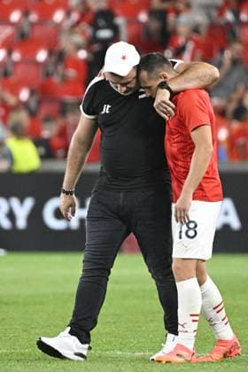 Head coach Jindrich Trpisovsky (left) and Jan Boril (both Slavia) are seen after the UEFA Champions League, 4th qualifying round, return match SK Slavia Praha (Czechia) vs Lille OSC (France), in Prague, Czech Republic, on August 28, 2024. (CTKxPhoto MichalxKamaryt) CTKPhotoP2024082808752  CTKPhotoP2024082808752