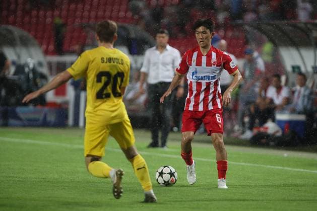 CRVENA ZVEZDA vs BODE GLIMT INBEOM HWANG, Red Star football player at the UEFA Champions League qualification match against Bodo Glimt at the Rajko Mitic Stadium, Belgrade 28.08.2024. Ivica Veselinov MN PRESS Football, Champions League, Red Star, Bodo Glimt, Qualifications Belgrade Stadion Rajko Mitic Serbia Copyright: xIvicaxVeselinovx xMNxPressx