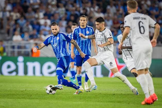 SLOVAN BRATISLAVA - MIDTJYLLAND Tigran Barseghyan of Slovan during the 2nd leg of play-off round of the UEFA Champions League football match between SK Slovan Bratislava and FC Midtjylland. Bratislava, Slovakia, August 28, 2024. PUBLICATION NOT IN SLOVAKIA Copyright: xx slovan_midtjylland040