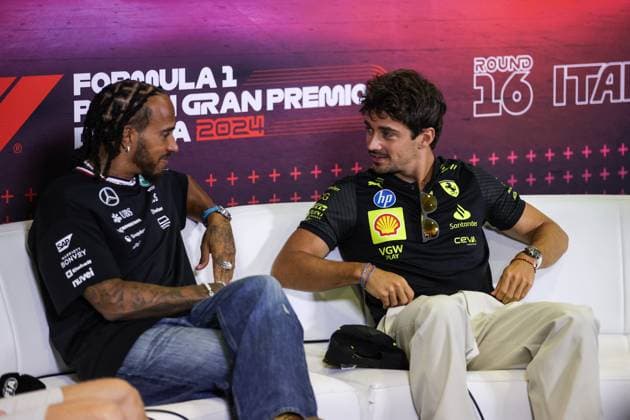 LECLERC Charles (mco), Scuderia Ferrari SF-24, portrait HAMILTON Lewis (gbr), Mercedes AMG F1 Team W15, portrait press conference, PK, Pressekonferenz during the Formula 1 Pirelli Gran Premio d’Italia 2024, Italian Grand Prix 2024, 16th round of the 2024 Formula One World Championship, WM, Weltmeisterschaft from August 30 to September 1, 2024 on the Autodromo Nazionale Monza, in Monza, Italy - F1 - ITALIAN GRAND PRIX 2024 DPPI Panoramic 240829_R16_ITALIA_DP_XB3_8638