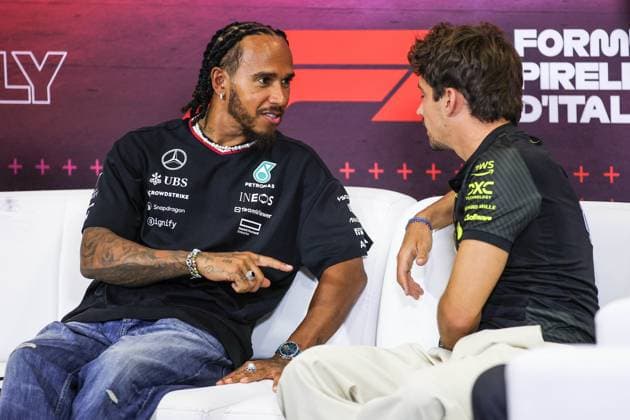 HAMILTON Lewis (gbr), Mercedes AMG F1 Team W15, portrait LECLERC Charles (mco), Scuderia Ferrari SF-24, portrait press conference, PK, Pressekonferenz during the Formula 1 Pirelli Gran Premio d’Italia 2024, Italian Grand Prix 2024, 16th round of the 2024 Formula One World Championship, WM, Weltmeisterschaft from August 30 to September 1, 2024 on the Autodromo Nazionale Monza, in Monza, Italy - F1 - ITALIAN GRAND PRIX 2024 DPPI Panoramic 240829_R16_ITALIA_DP_XB3_8908_1