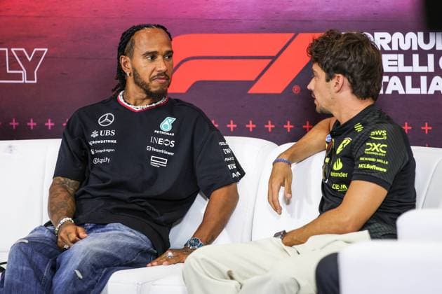 HAMILTON Lewis (gbr), Mercedes AMG F1 Team W15, portrait LECLERC Charles (mco), Scuderia Ferrari SF-24, portrait press conference, PK, Pressekonferenz during the Formula 1 Pirelli Gran Premio d’Italia 2024, Italian Grand Prix 2024, 16th round of the 2024 Formula One World Championship, WM, Weltmeisterschaft from August 30 to September 1, 2024 on the Autodromo Nazionale Monza, in Monza, Italy - F1 - ITALIAN GRAND PRIX 2024 DPPI Panoramic 240829_R16_ITALIA_DP_XB3_8911_1