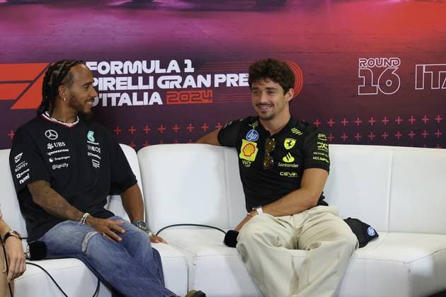FORMULA 1 PIRELLI GRAN PREMIO D ITALIA 2024 29 08 2024, Autodromo Nazionale di Monza, Monza, FORMULA 1 PIRELLI GRAN PREMIO D ITALIA 2024 ,in the picture Lewis Hamilton GBR , Mercedes AMG Petronas Formula One Team, Charles Leclerc MCO , Scuderia Ferrari HP nordphotoxGmbHx xBratic nph00250