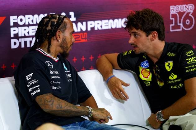 Lewis Hamilton of Great Britain and Mercedes and Charles Leclerc of Monaco and Ferrari gesture towards each other during the press conference, Previews, F1 Grand Prix of Italy, Autodromo Nazionale Monza on August 29, 2024 in Monza, Italy Photo by Diogo Cardoso DeFodi Images Lewis Hamilton of Great Britain and Mercedes and Charles Leclerc of Monaco and Ferrari gesture towards each other during the press conference, Previews, F1 Grand Prix of Italy, Autodromo Nazionale Monza on August 29, 2024 in Monza, Italy Photo by Diogo Cardoso DeFodi Images Defodi 645 f1ita20240829 0432 Defodi-645