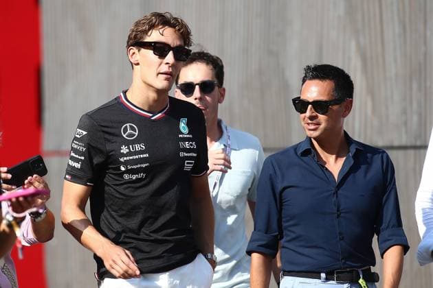 29 08 2024, xsvx, Motorsport FIA Formula 1, Italian Grand Prix 2024 emspor, v l George Russell Mercedes AMG Petronas starting number 63 FIA REGULATIONS PROHIBIT ANY USE OF PHOTOGRAPHS as IMAGE SEQUENCES and or QUASI VIDEO Monza