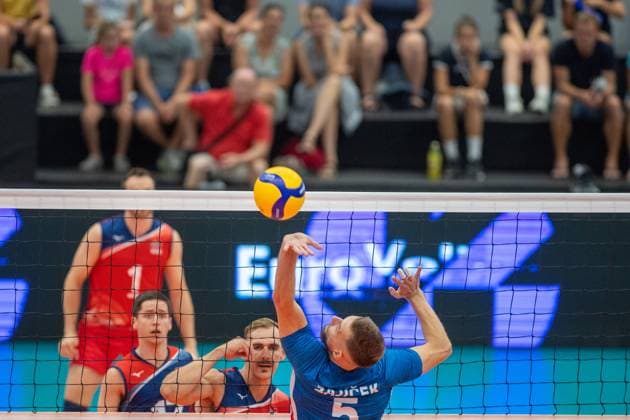 From right Czech Adam Zajicek and Andreas Takvam of Norway in action during the Men s European Volleyball Championship qualification group C match: Czech Republic vs Norway in Tabor, Czech Republic, August 29, 2024. (CTKxPhoto VaclavxPancer) CTKPhotoP2024082906561  CTKPhotoP2024082906561