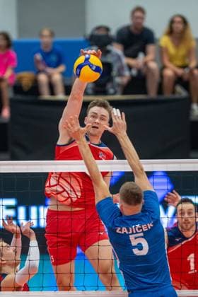 From left Petter Alstad Ostvik of Norway and Adam Zajicek of Czech Republic in action during the Men s European Volleyball Championship qualification group C match: Czech Republic vs Norway in Tabor, Czech Republic, August 29, 2024. (CTKxPhoto VaclavxPancer) CTKPhotoP2024082906590  CTKPhotoP2024082906590