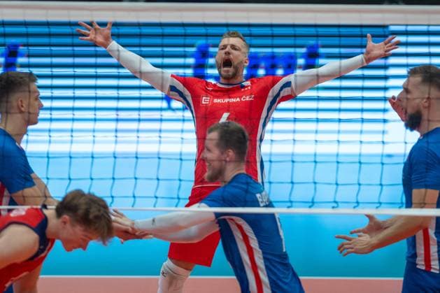 Czech Milan Monik (centre) in action during the Men s European Volleyball Championship qualification group C match: Czech Republic vs Norway in Tabor, Czech Republic, August 29, 2024. (CTKxPhoto VaclavxPancer) CTKPhotoP2024082906895  CTKPhotoP2024082906895