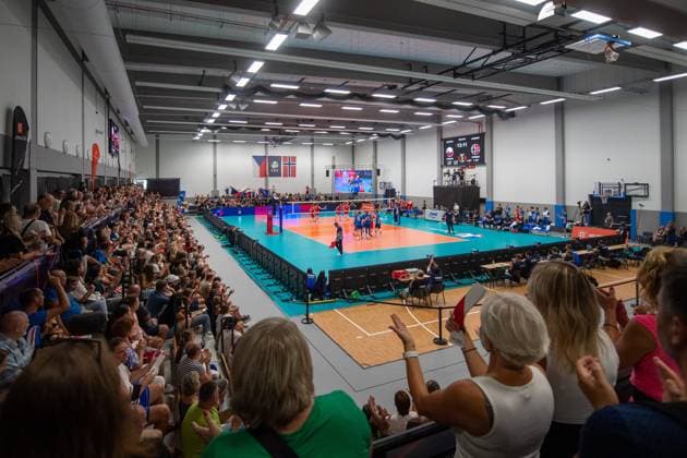 Fans in action during the Men s European Volleyball Championship qualification group C match: Czech Republic vs Norway in Tabor, Czech Republic, August 29, 2024. (CTKxPhoto VaclavxPancer) CTKPhotoP2024082907242  CTKPhotoP2024082907242