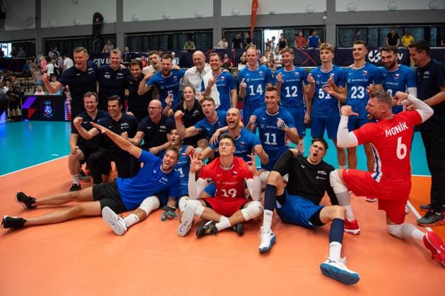 Volleyball players of Czech Republic celebrate victory after the Men s European Volleyball Championship qualification group C match: Czech Republic vs Norway in Tabor, Czech Republic, August 29, 2024. (CTKxPhoto VaclavxPancer) CTKPhotoP2024082907249  CTKPhotoP2024082907249